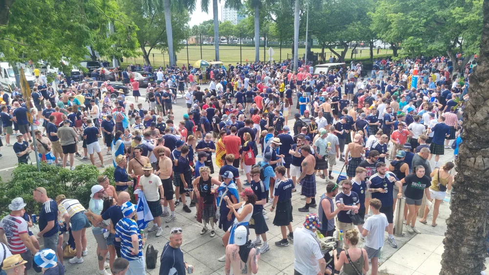 A small fraction of a much larger group of Scots in the thousands who paraded to the Miami Marlins game. (Ryan McDougall/PA)