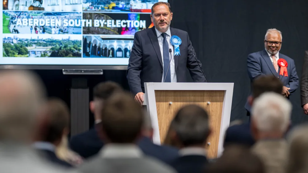 Douglas Lumsden gives a speech after winning the Aberdeen South by-election
