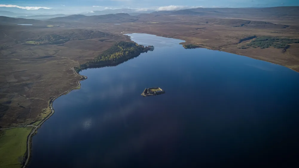 View from above of Lochindorb, including of Lochindorb Castle