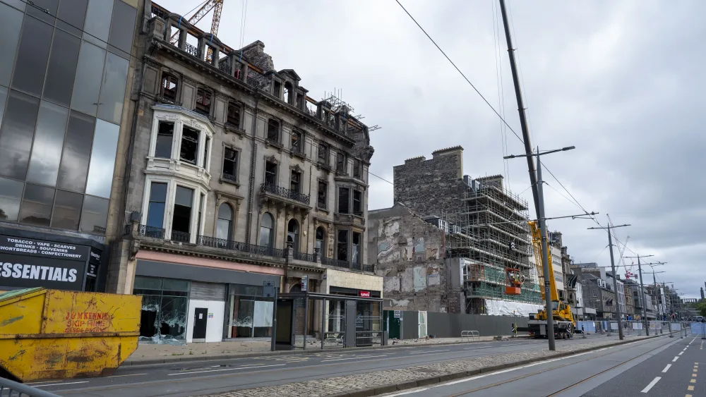 View of a fire-damaged building on Princes Street