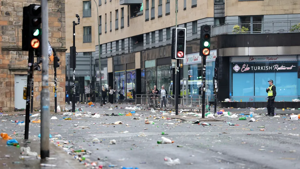 Litter-covered streets in Glasgow after Celtic won the William Hill Premiership title after a 3-1 win at home to Hearts