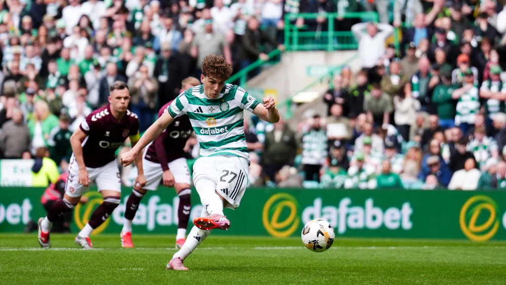 Celtic’s Arne Engels scoring from the penalty spot 