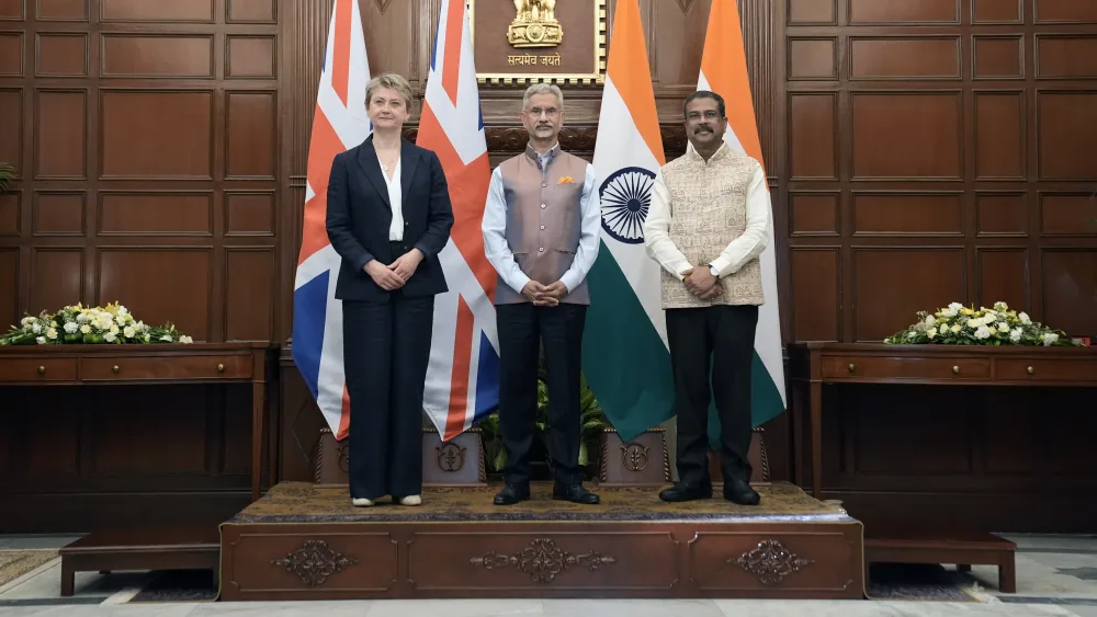 Foreign Secretary Yvette Cooper with minister of external affairs Dr Jaishankar and minister of education Dharmendra Pradhan (right) during a signing ceremony at Hyderabad House in New Delhi during her trip to India