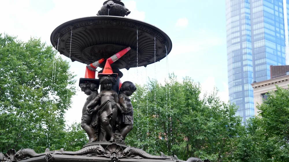 Traffic cones in a water fountain during the World Cup