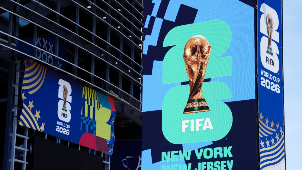 Fifa World Cup signage at the New York New Jersey Stadium in East Rutherford, commonly known as the MetLife Stadium