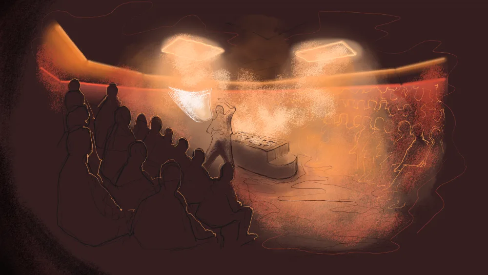 Artist's impression in a sketch of how a performance in a sauna will look