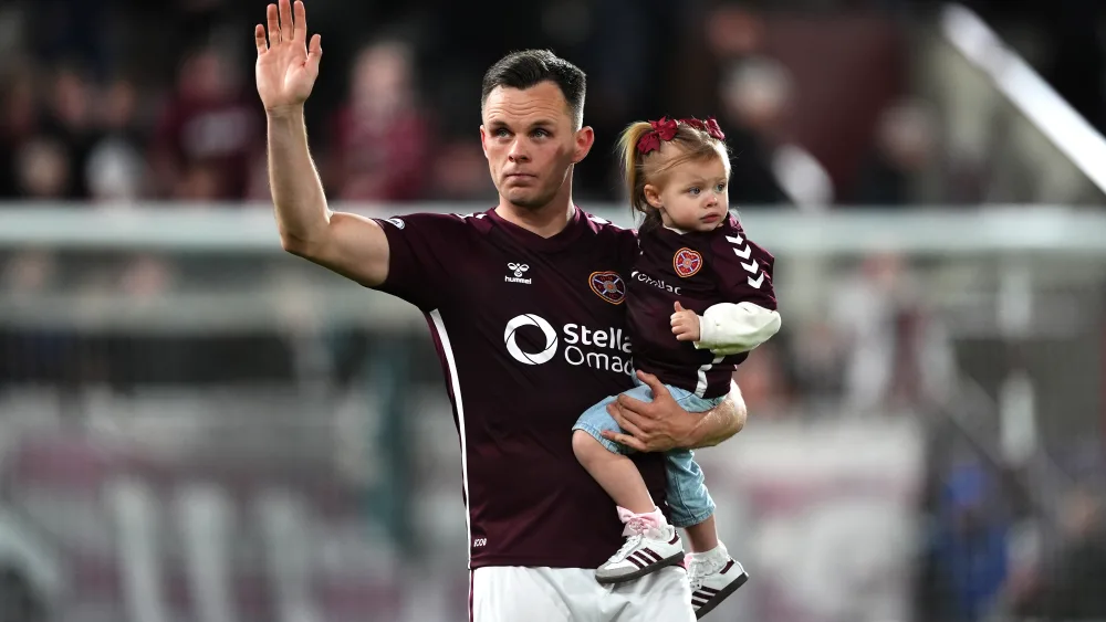 Heart of Midlothian’s Lawrence Shankland with daughter after the final whistle in the William Hill Premiership match at Tynecastle Park, Edinburgh