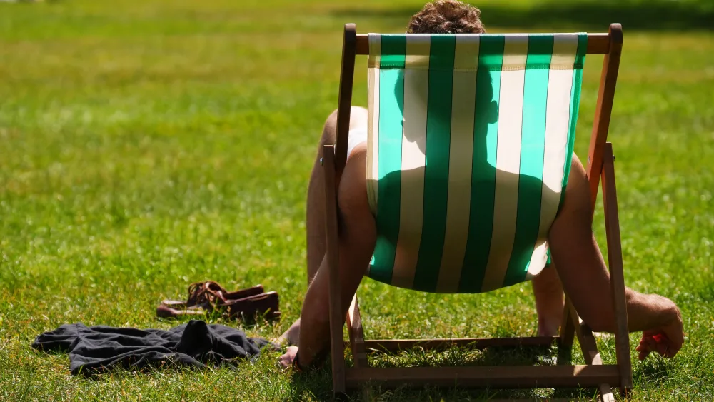 A person sunbathing in a deckchair on grass, viewed from behind