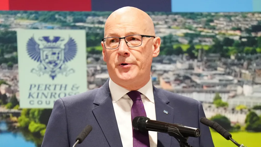 First Minister and SNP leader John Swinney delivers his victory speech at the election count for the 2026 Holyrood elections, at Dewars Centre in Perth