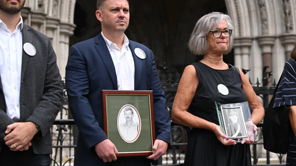 Families from the Chinook Justice Campaign outside the Royal Courts of Justice, central London