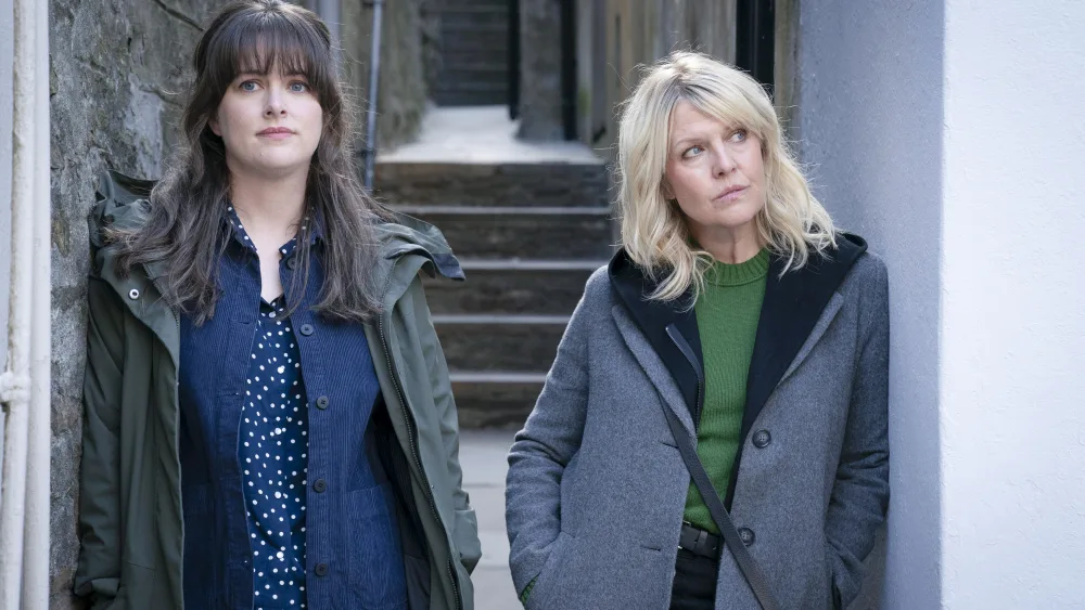 Alison O’Donnell and Ashley Jensen in character on the set of Shetland