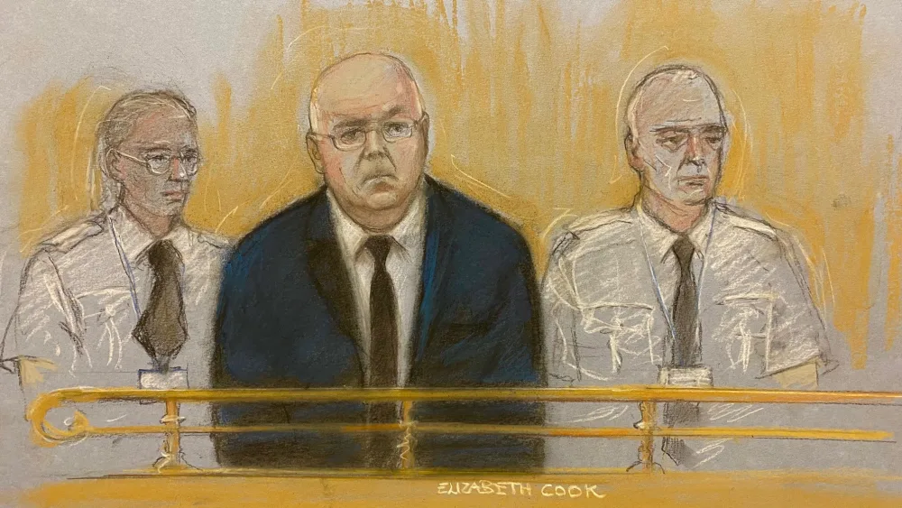 Court artist drawing by Elizabeth Cook of former SNP chief executive Peter Murrell (centre) appearing at Edinburgh High Court