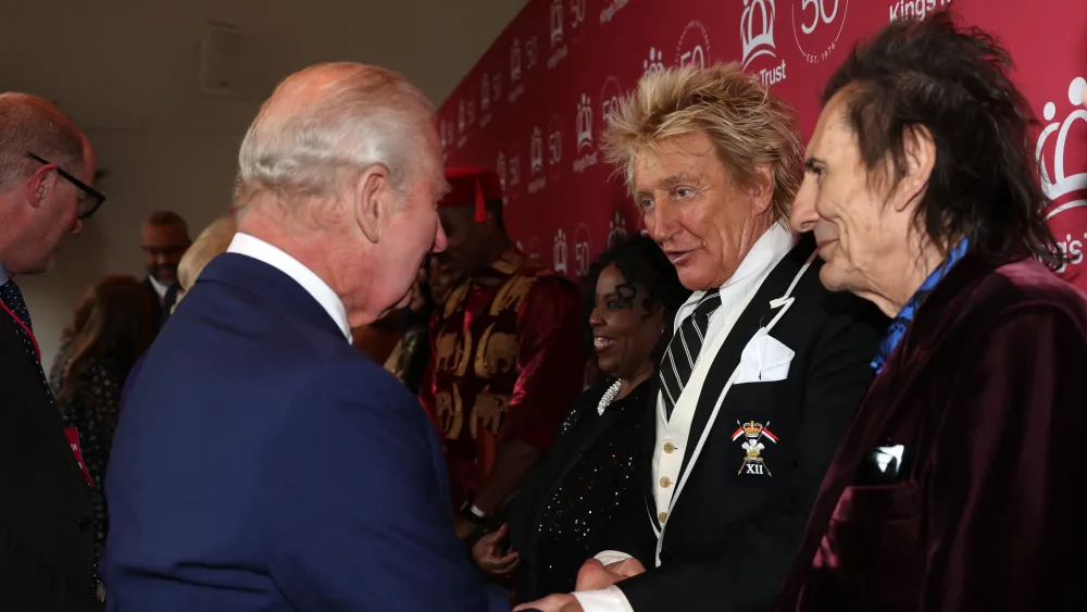 Charles meeting Sir Rod Stewart and Ronnie Wood at the King’s Trust celebration at the Royal Albert Hall