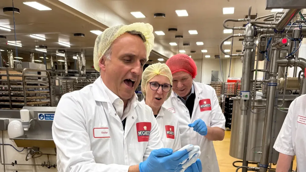 Alex Cole-Hamilton visited McGhee's bakery factory in Glasgow (Neil Pooran/PA)