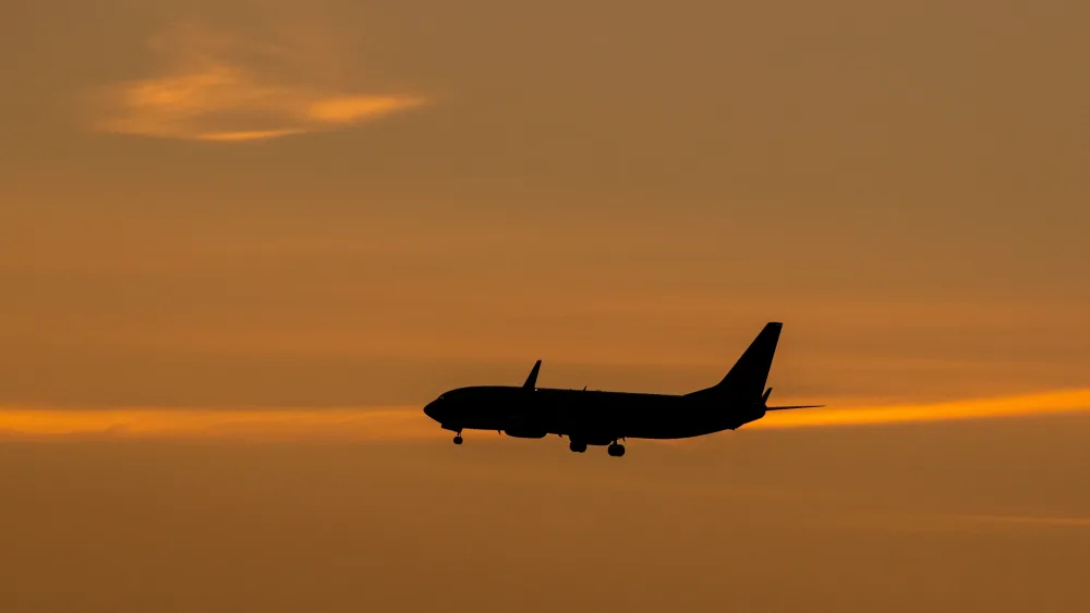 A plane flying against an orange-coloured sky