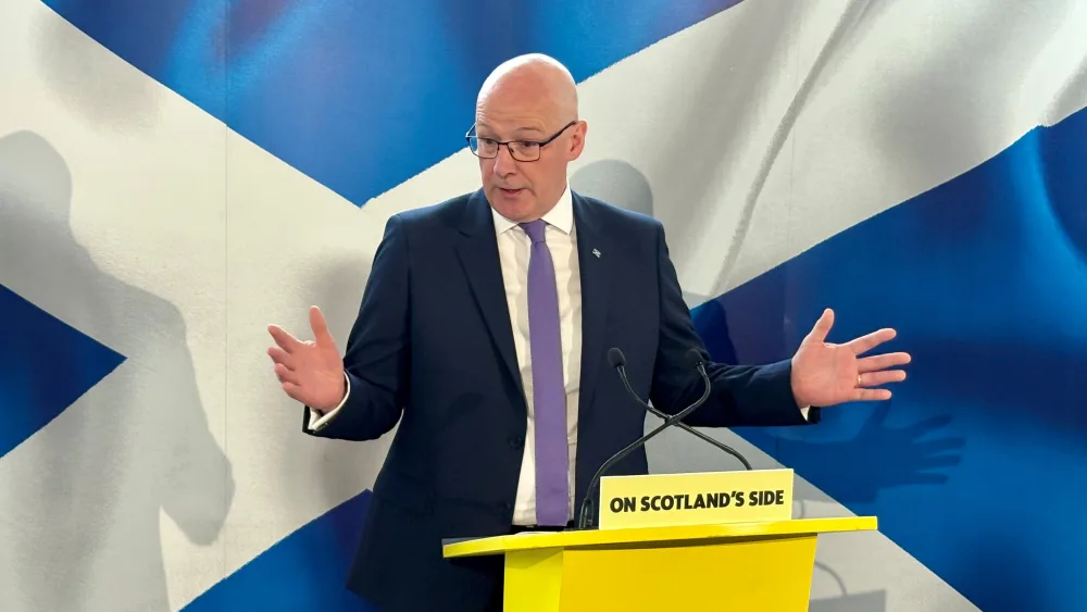 Scottish First Minister John Swinney speaks during an Edinburgh press conference