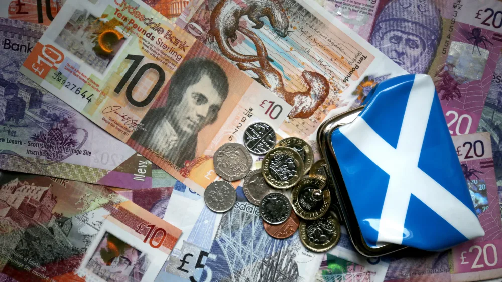 A Saltire-patterned purse with coins