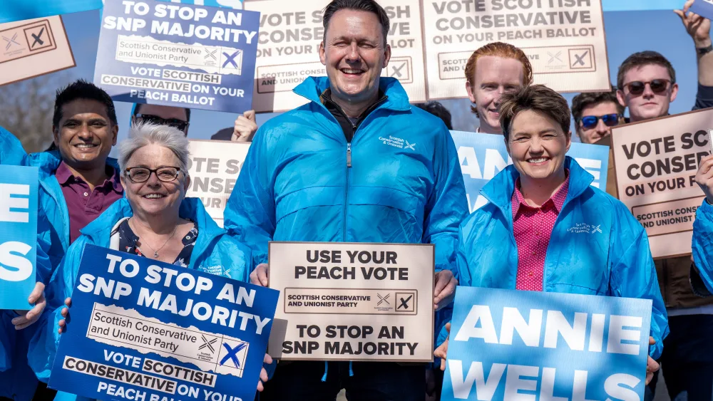 Scottish Conservative party leader Russell Findlay with former party leader Ruth Davidson (right) and candidate for Rutherglen and Cambuslang, Annie Wells 
