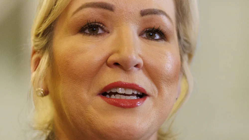 First Minister Michelle O’Neill speaks during a Stormont press conference