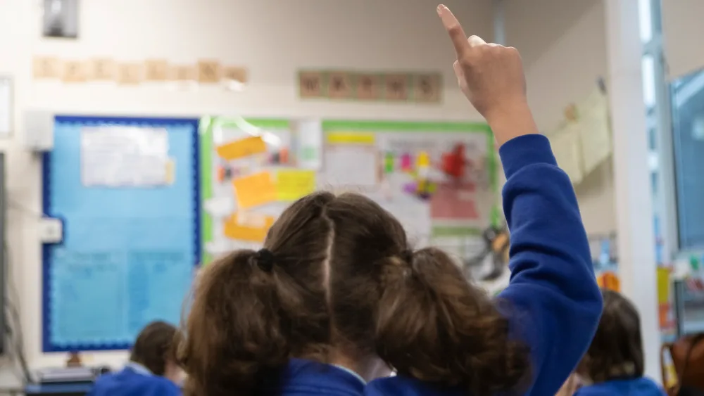 The back of a child who is raising their hand in class
