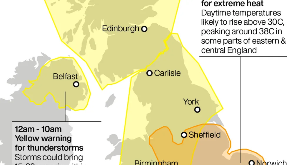 A graphic showing weather warning in place across the UK for Friday June 26 2026