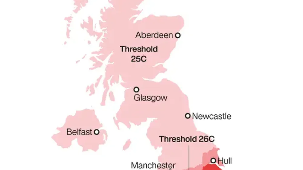 Graphic explaining what a heatwave is and indicating how warm it is expected to be in the different parts of the UK