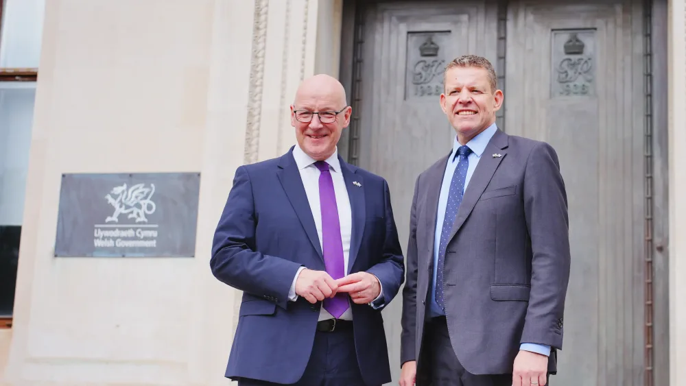 First Minister of Wales Rhun ap Iorwerth and First Minister of Scotland John Swinney at the Welsh Government Office in Cardiff