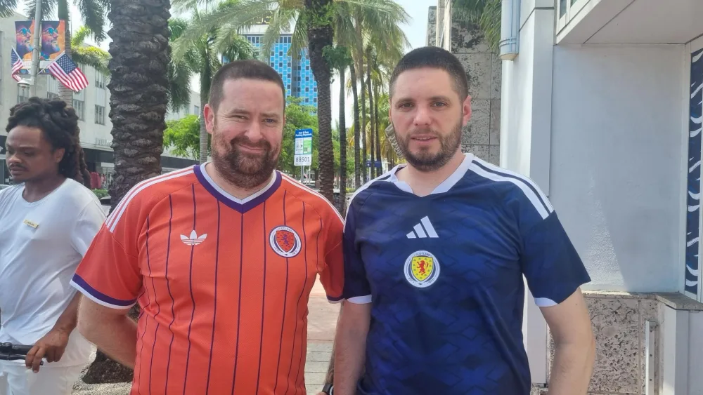 Scotland fans James Douglas, 42, (left) and Chris Thomas, 42, in Miami ahead of Scotland’s final group game against Brazil at the 2026 Fifa World Cup