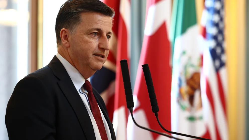 Side view of Douglas Alexander speaking into microphones, with various flags in the background