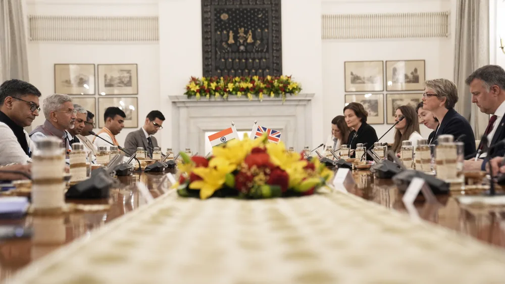 Foreign Secretary Yvette Cooper (second right) during a bilateral meeting with the minister of external affairs Dr Jaishankar (second left) at Hyderabad House in New Delhi during her trip to India